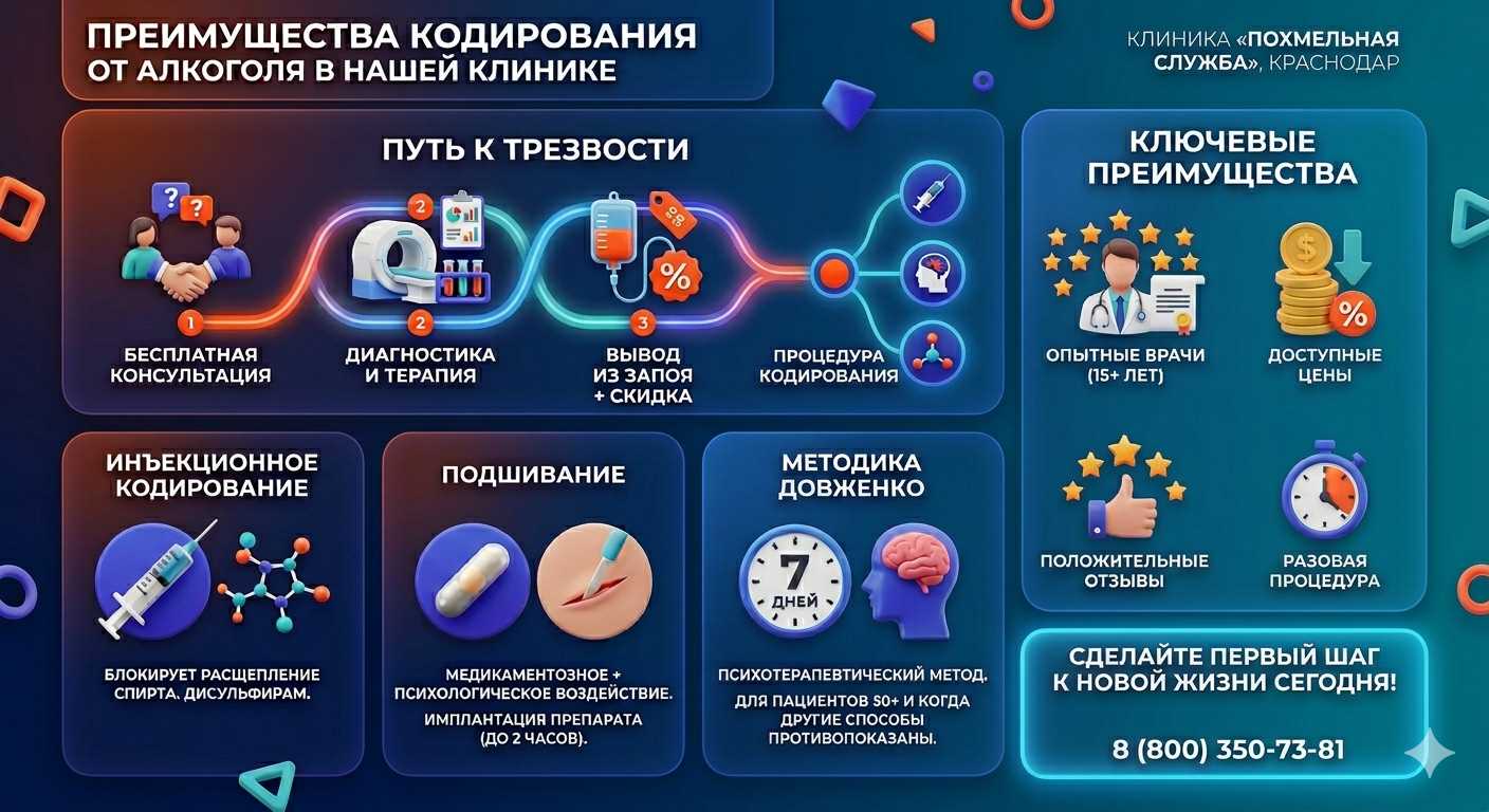 Инфографика о методах кодирования от алкоголя в Кирсанове: инъекции, подшивание, метод Довженко. Преимущества клиники и этапы лечения.