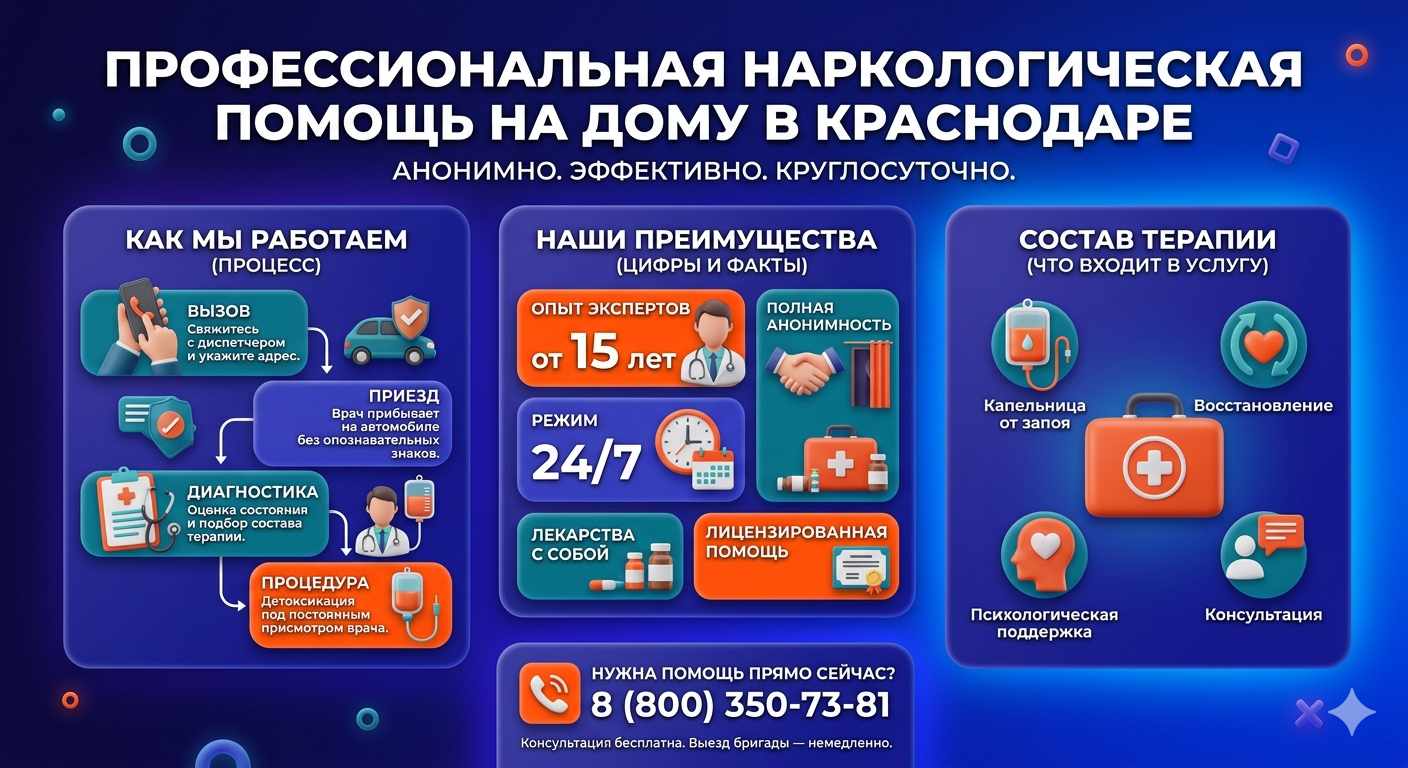 Инфографика о принципах лечения алкоголизма на дому в Кирсанове: этапы вызова нарколога, преимущества анонимной детоксикации и состав медицинской помощи.
